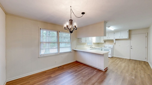 kitchen featuring white electric range, light hardwood / wood-style floors, white cabinets, decorative light fixtures, and kitchen peninsula