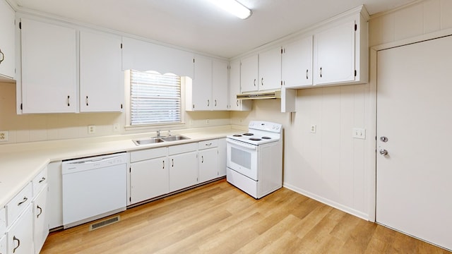 kitchen with sink, white appliances, white cabinets, and light wood-type flooring