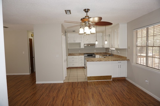 kitchen featuring white cabinetry, sink, dark hardwood / wood-style flooring, stainless steel range, and kitchen peninsula