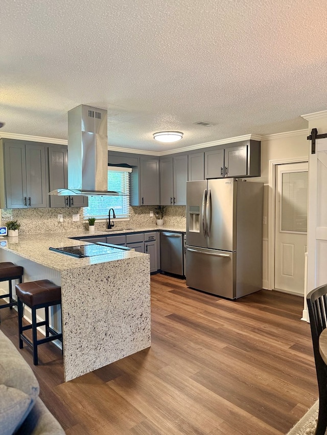 1002 Monterey Ct, Dothan, AL 36303 - kitchen featuring appliances with stainless steel finishes, island exhaust hood, a peninsula, a sink, and ornamental molding