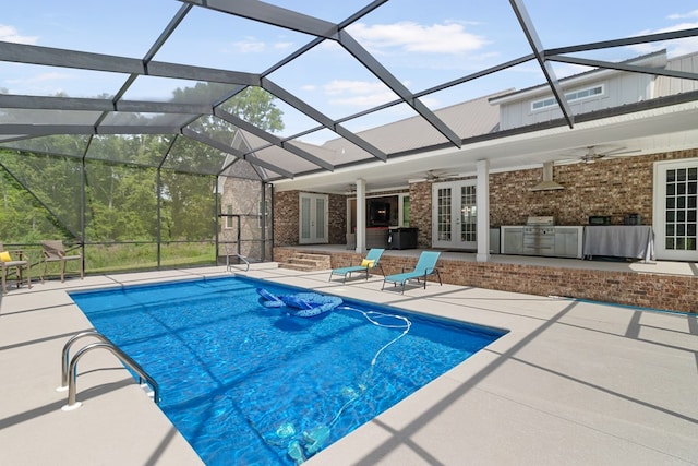 1913 W Malvern Hwy, Slocomb, AL 36375 - outdoor pool featuring french doors, a ceiling fan, a patio area, area for grilling, and a lanai