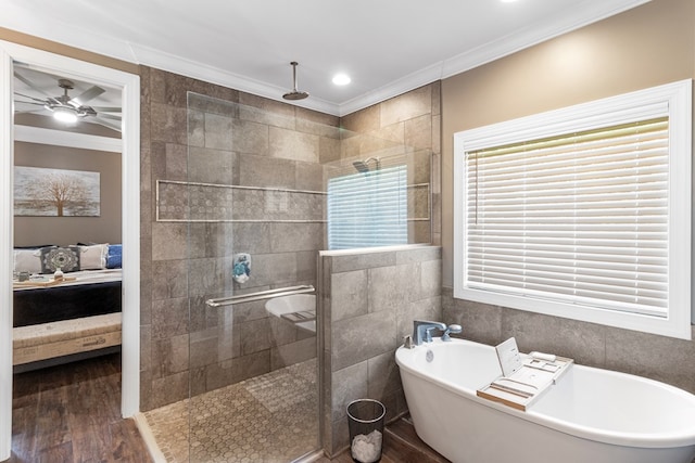 1913 W Malvern Hwy, Slocomb, AL 36375 - full bath with a stall shower, crown molding, a freestanding bath, wood finished floors, and connected bathroom