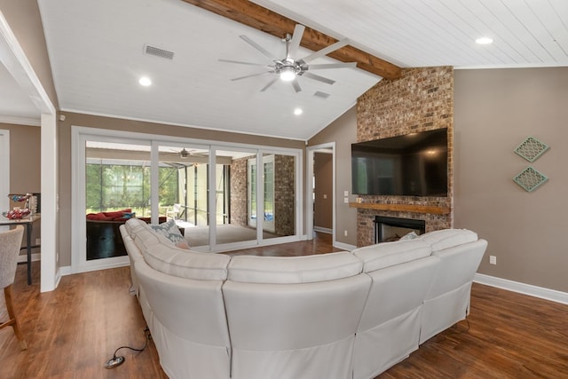 1913 W Malvern Hwy, Slocomb, AL 36375 - living area with a ceiling fan, a large fireplace, baseboards, wood finished floors, and recessed lighting