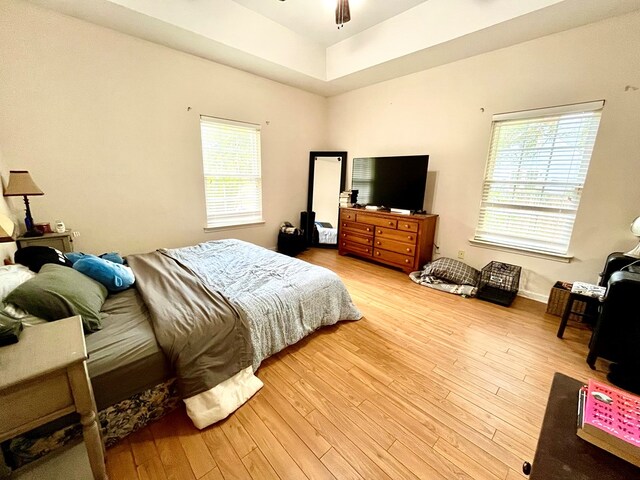 bedroom with ceiling fan, light wood-type flooring, and a tray ceiling