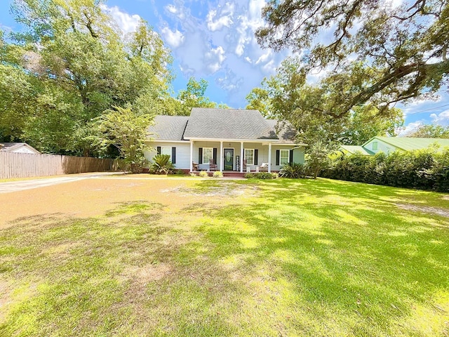 ranch-style house featuring a porch and a front yard