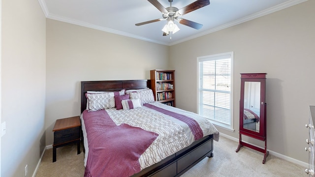 bedroom with ornamental molding, light colored carpet, and ceiling fan