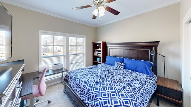 bedroom with crown molding, carpet floors, and ceiling fan