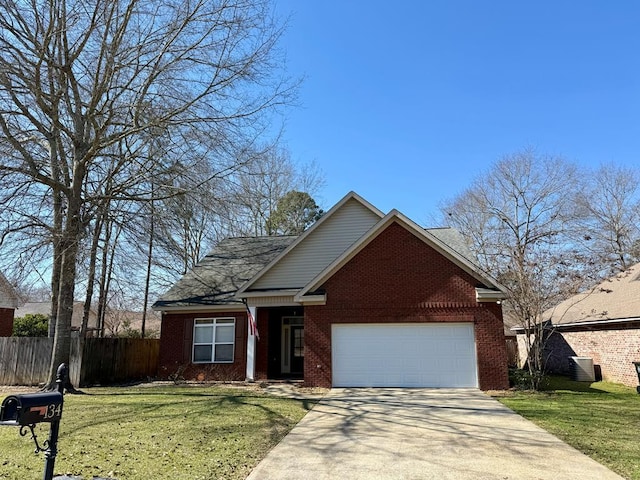 view of front facade featuring an attached garage, brick siding, fence, concrete driveway, and a front yard