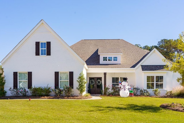 view of front of house with french doors and a front lawn