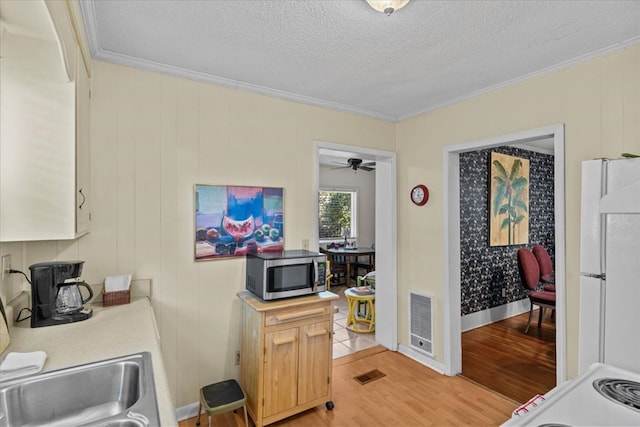 office area with ceiling fan, sink, crown molding, a textured ceiling, and light wood-type flooring