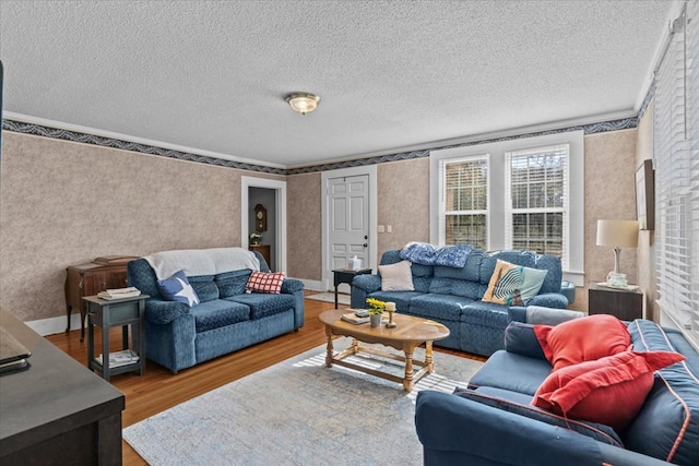 living room featuring wood-type flooring and a textured ceiling