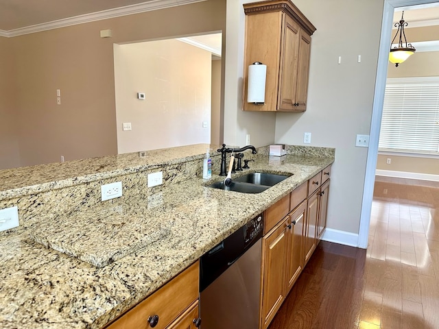 kitchen featuring dark wood-style floors, light stone countertops, ornamental molding, a sink, and stainless steel dishwasher