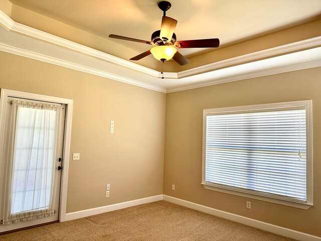 spare room with light carpet, a ceiling fan, crown molding, and baseboards