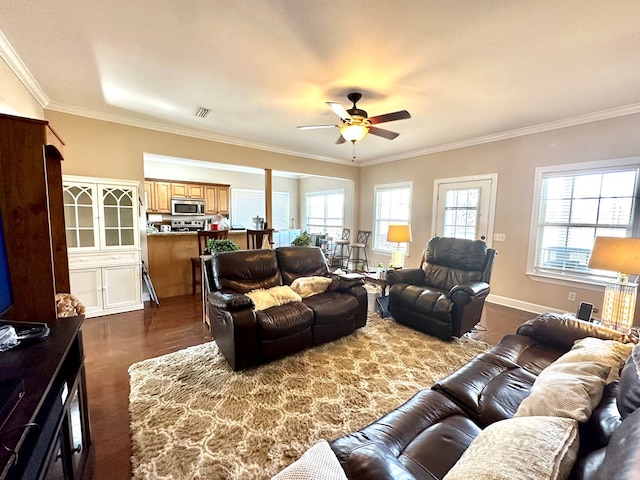 living room with ceiling fan and ornamental molding