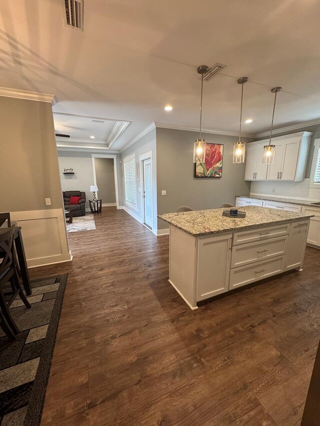 1180 Sandbed Rd, Newton, AL 36352 - kitchen featuring ornamental molding, open floor plan, a center island, white cabinets, and light stone counters