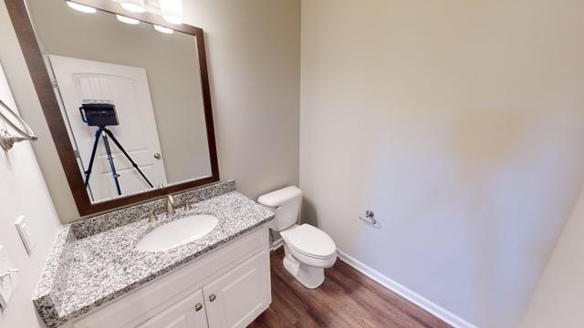 bathroom with vanity, wood-type flooring, and toilet