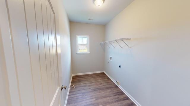 laundry room with hardwood / wood-style floors, electric dryer hookup, and washer hookup