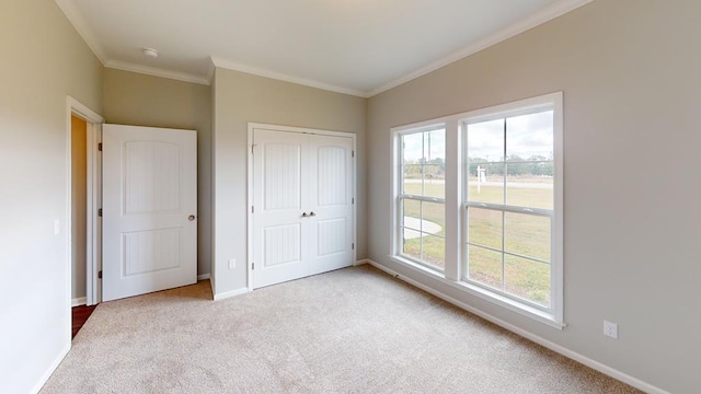 unfurnished bedroom featuring a closet, light colored carpet, and ornamental molding