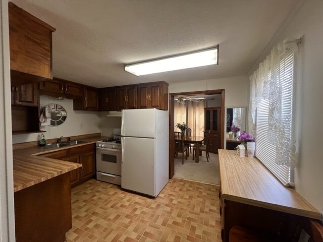 kitchen with dark brown cabinets, sink, and white appliances