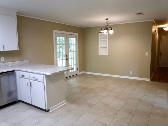 1103 Sassar St, Dothan, AL 36301 - kitchen featuring stainless steel dishwasher, crown molding, a peninsula, white cabinetry, and french doors