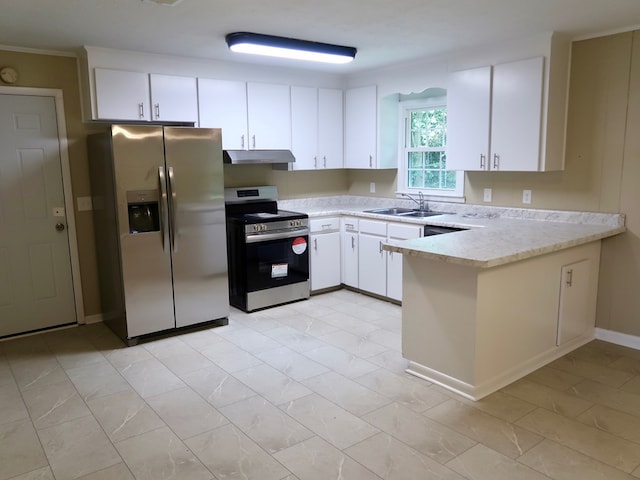 1103 Sassar St, Dothan, AL 36301 - kitchen with appliances with stainless steel finishes, under cabinet range hood, a peninsula, a sink, and white cabinetry