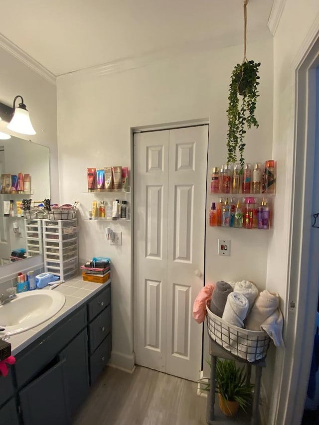 bathroom with wood finished floors, ornamental molding, and vanity