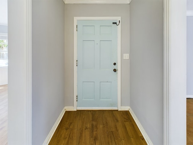 entryway featuring crown molding and dark hardwood / wood-style floors