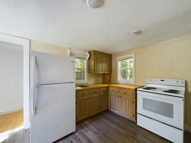 kitchen featuring a textured ceiling, sink, white appliances, and dark wood-type flooring