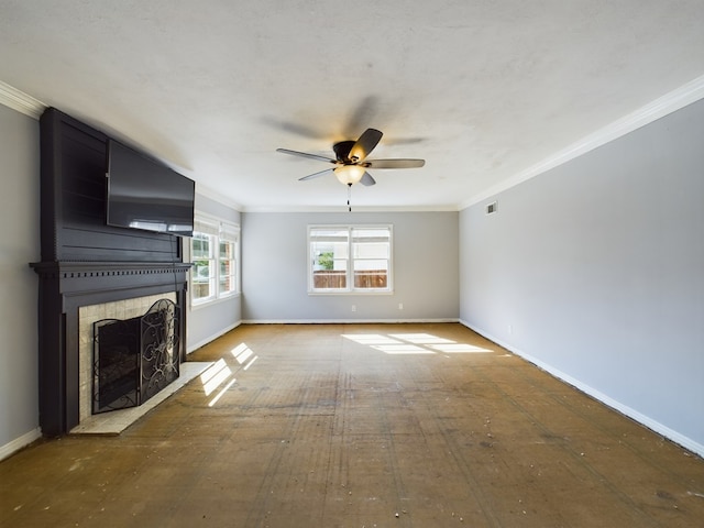 unfurnished living room featuring ceiling fan, a fireplace, and ornamental molding