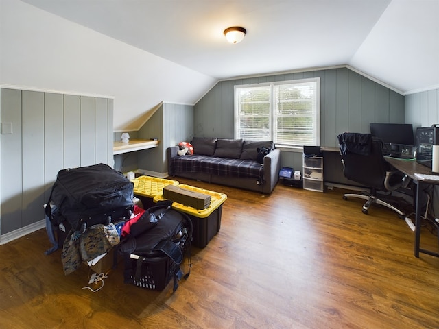 office space featuring hardwood / wood-style flooring and vaulted ceiling