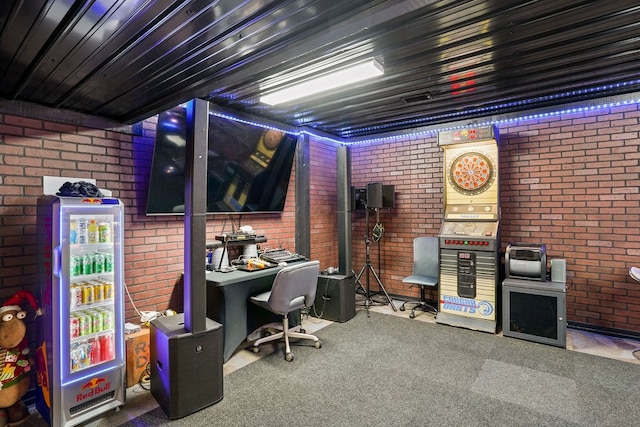 568 N Morris St, Slocomb, AL 36375 - office area featuring brick wall, carpet flooring, and wooden ceiling