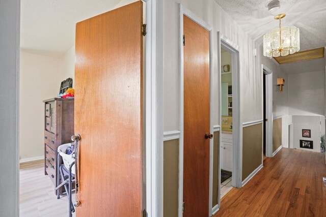 568 N Morris St, Slocomb, AL 36375 - hallway with wood finished floors, a chandelier, and baseboards