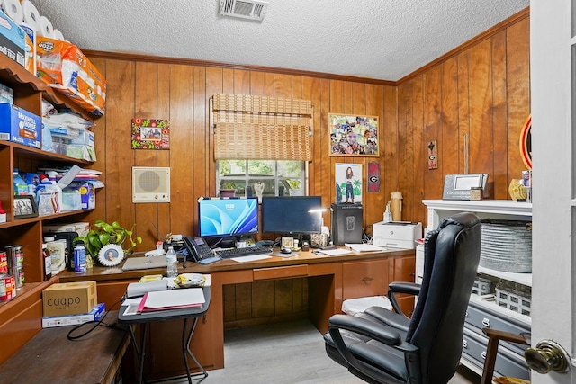 568 N Morris St, Slocomb, AL 36375 - office space with crown molding, a textured ceiling, wood walls, and wood finished floors