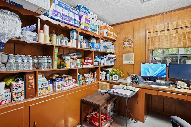 568 N Morris St, Slocomb, AL 36375 - home office featuring a textured ceiling, wood walls, and ornamental molding