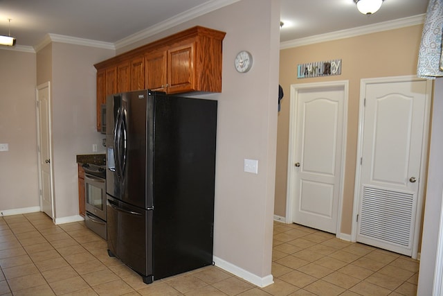 kitchen featuring light tile patterned floors, crown molding, black refrigerator with ice dispenser, and stainless steel range