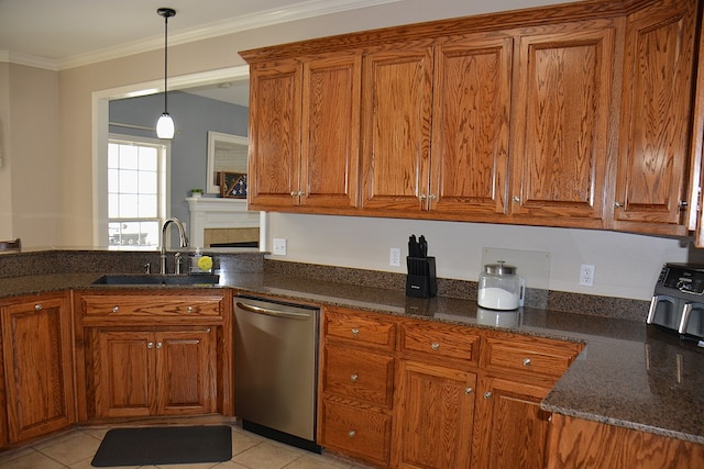 kitchen featuring sink, hanging light fixtures, stainless steel dishwasher, light tile patterned floors, and ornamental molding