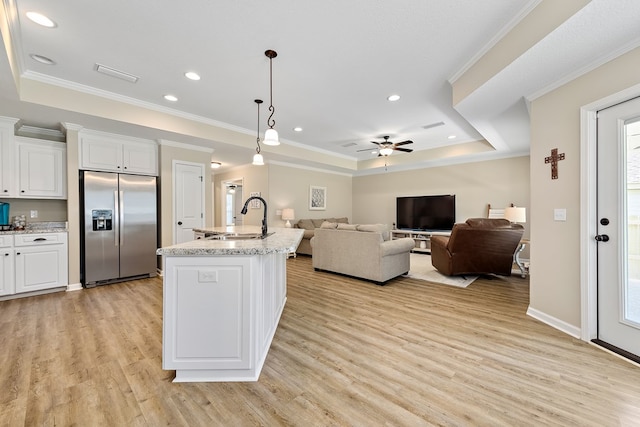522 Birchwood Ln, Dothan, AL 36301 - kitchen with stainless steel built in fridge, a sink, a raised ceiling, light wood-type flooring, and a ceiling fan