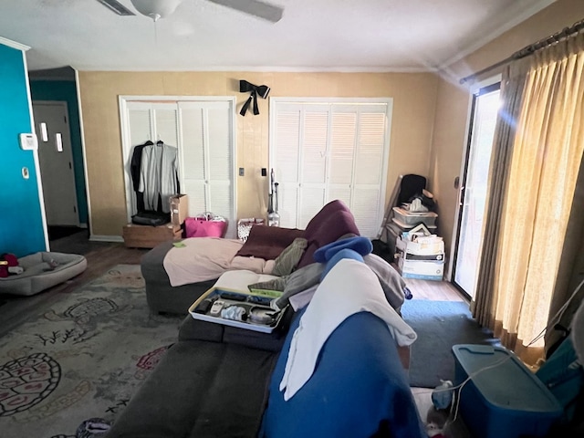 living room with hardwood / wood-style flooring, ceiling fan, and ornamental molding