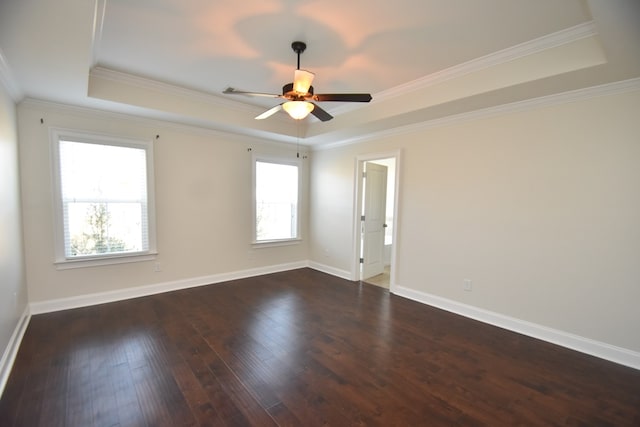 unfurnished room featuring a tray ceiling, dark hardwood / wood-style flooring, and a healthy amount of sunlight