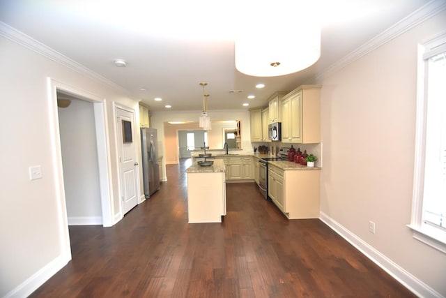 kitchen with stainless steel appliances, light stone countertops, decorative light fixtures, dark hardwood / wood-style floors, and kitchen peninsula