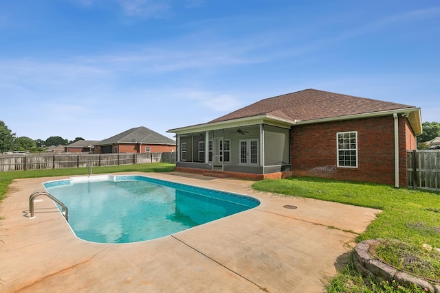 170 County Road 751, Enterprise, AL 36330 - view of pool featuring ceiling fan, a patio area, a fenced backyard, a sunroom, and french doors