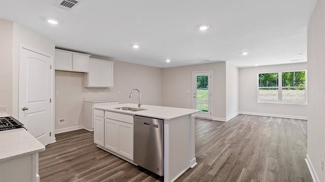 kitchen featuring white cabinets, an island with sink, stainless steel dishwasher, and sink