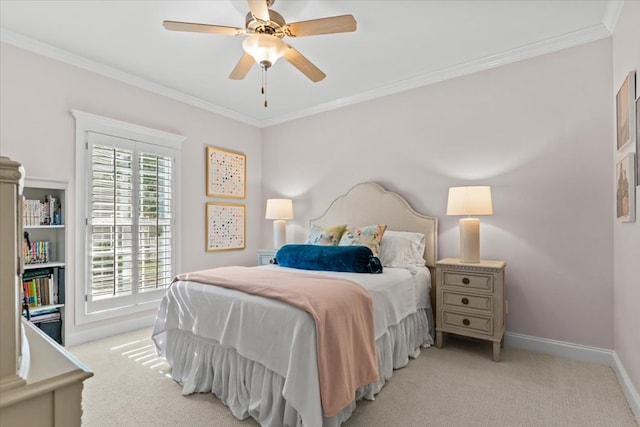carpeted bedroom featuring baseboards, access to outside, ornamental molding, and a ceiling fan