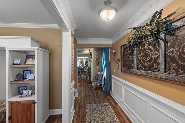 hallway featuring dark hardwood / wood-style floors and ornamental molding