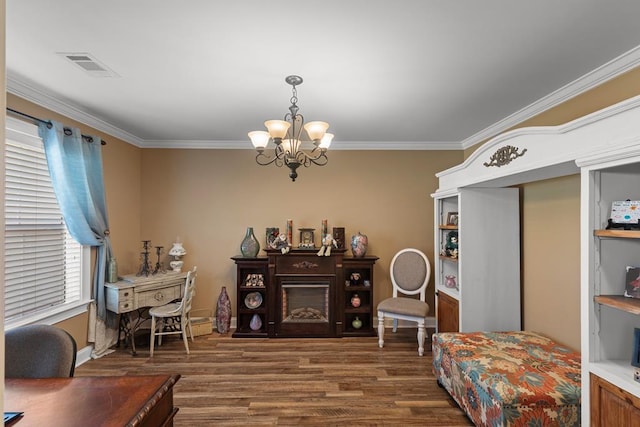 interior space featuring a notable chandelier, wood-type flooring, and ornamental molding