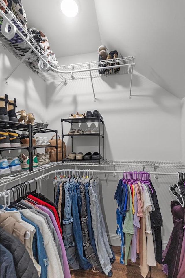 walk in closet with hardwood / wood-style floors