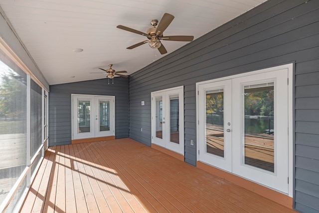 wooden terrace with french doors and ceiling fan