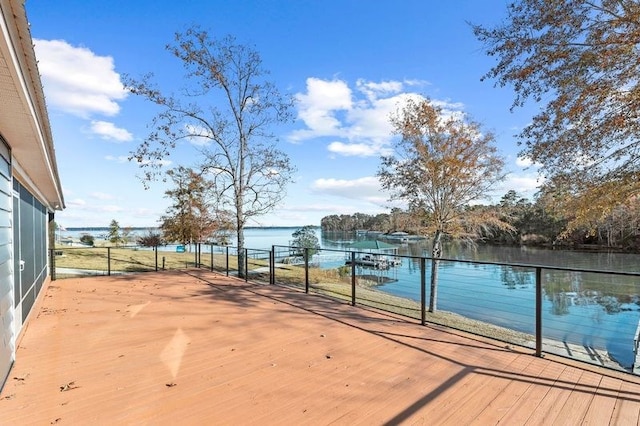 wooden terrace featuring a water view