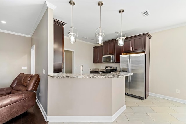 kitchen with light stone countertops, appliances with stainless steel finishes, crown molding, decorative light fixtures, and light tile patterned flooring