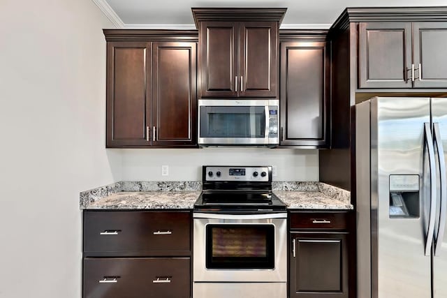 kitchen featuring light stone countertops, dark brown cabinets, ornamental molding, and appliances with stainless steel finishes